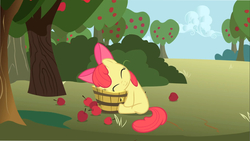 Size: 1366x768 | Tagged: safe, edit, edited screencap, screencap, apple bloom, earth pony, pony, call of the cutie, g4, adorabloom, apple, apple tree, cute, eyes closed, female, filly, foal, food, inverted mouth, smiling, solo, tree