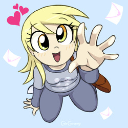 Size: 1000x1000 | Tagged: safe, artist:girgrunny, derpy hooves, human, g4, 2014, blue background, cute, derpabetes, envelope, female, heart, humanized, letter, light skin, looking at you, simple background, solo