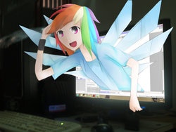 Size: 3840x2880 | Tagged: safe, artist:poisonicpen, rainbow dash, human, g4, computer, female, humanized, light skin, solo, winged humanization