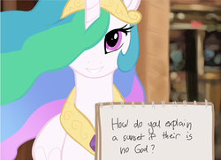 Size: 600x434 | Tagged: safe, artist:maim, princess celestia, pony, g4, 22 questions from creationists, atheism, blurry background, creationism, evolution, female, god, goddess, grin, looking at you, misspelling, notebook, parody, parody of a parody, question, religion, smiling, solo, sunset, text, trollestia