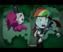 Size: 1280x1063 | Tagged: safe, artist:fj-c, pinkie pie, rainbow dash, equestria girls, g4, fake screencap, fantasy, fantasy equestria, letterboxing, shocked, upside down