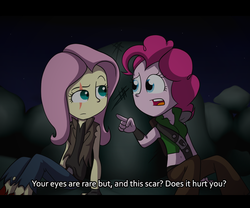 Size: 1024x850 | Tagged: safe, artist:fj-c, fluttershy, pinkie pie, equestria girls, g4, belly button, engrish, fake screencap, fantasy, fantasy equestria, flattershy, letterboxing, midriff