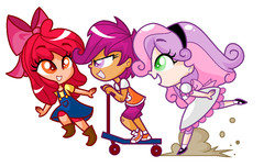 Size: 1136x689 | Tagged: safe, artist:annasabi101, apple bloom, scootaloo, sweetie belle, human, g4, cutie mark crusaders, dark skin, humanized, light skin, moderate dark skin, scooter