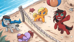 Size: 1191x671 | Tagged: safe, artist:jinzhan, oc, oc only, beach, beach ball, colt, cute, filly, hat, male, top hat