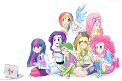 Size: 2724x1824 | Tagged: safe, artist:cosmicponye, applejack, fluttershy, pinkie pie, rainbow dash, rarity, spike, twilight sparkle, human, g4, blushing, breasts, clothes, computer, converse, covering eyes, eye clipping through hair, eyebrows, eyebrows visible through hair, female, humanized, implied porn, light skin, male, mane seven, mane six, reacting to nudity, shoes, sweatershy, varying degrees of do not want, winged humanization