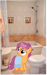 Size: 860x1365 | Tagged: safe, artist:awesomescootalooplz, artist:marioponyfan, scootaloo, g4, bathtub, irl, photo, ponies in real life, shampoo, shower, solo, toilet, towel, vector, wet mane