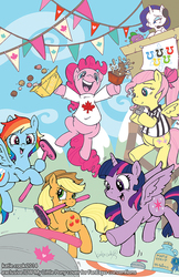 Size: 701x1080 | Tagged: safe, artist:katie cook, idw, applejack, fluttershy, pinkie pie, rainbow dash, rarity, twilight sparkle, alicorn, pony, g4, canada, clothes, comic, cover, curling, female, mane six, maple leaf, maple syrup, mare, no logo, olympics, poutine, referee, referee shirt, sports, textless, timbits, twilight sparkle (alicorn), whistle