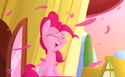 Size: 1920x1180 | Tagged: safe, artist:january3rd, pinkie pie, g4, pinkie pride, balcony, beautiful, crying, female, flower petals, heartwarming, petals, scene interpretation, singing, solo, tears of joy, windswept mane