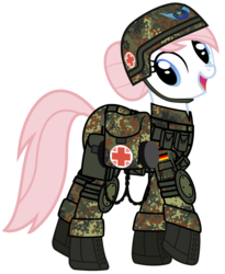 Size: 1024x1247 | Tagged: safe, artist:nightmarenight90, nurse redheart, earth pony, pony, g4, bundeswehr, camouflage, combat medic, female, german, hooves, mare, medic, medical saddlebag, military, military uniform, open mouth, saddle bag, simple background, solo, transparent background