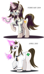 Size: 1780x3000 | Tagged: safe, artist:ruhisu, oc, oc only, pony, unicorn, doctor, drugs, equipment, female, gold, heart, mare, medicine, progress, smiling, solo