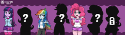 Size: 4320x1224 | Tagged: safe, artist:livesmutanon, applejack, fluttershy, pinkie pie, rainbow dash, rarity, sunset shimmer, twilight sparkle, equestria girls, g4, /mlp/vn, clothes, humanized, mane six, silhouette