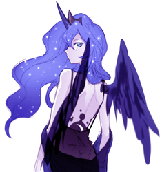 Size: 840x895 | Tagged: safe, artist:re_ghotion, princess luna, human, g4, alternative cutie mark placement, back, backless, female, horn, horned humanization, humanized, profile, rear view, simple background, solo, spread wings, white background, winged humanization, wings