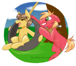 Size: 800x700 | Tagged: safe, artist:the-chibster, big macintosh, caramel, earth pony, pony, g4, friends, male, stallion, swing