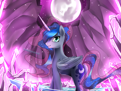 Size: 1000x750 | Tagged: safe, artist:the0ne-u-lost, princess luna, g4, cave, crystal, female, moon, solo, water