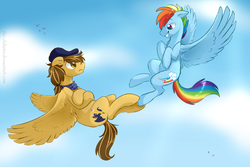 Size: 900x600 | Tagged: safe, artist:the-chibster, rainbow dash, oc, oc:swift sketch, g4, rainbow blitz, rule 63