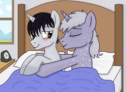 Size: 2667x1956 | Tagged: safe, artist:the-sinful78, oc, oc only, bed, blushing, clock, cuddling, gay, male, snuggling