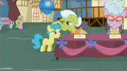 Size: 1005x568 | Tagged: safe, screencap, granny smith, rainy feather, earth pony, pegasus, pony, g4, simple ways, balloon, filly, foal