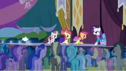 Size: 619x348 | Tagged: safe, screencap, apple bloom, rarity, scootaloo, sweetie belle, pony, g4, simple ways, clothes, cutie mark crusaders, dress, lowres