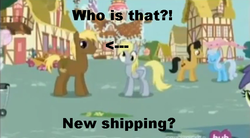Size: 843x464 | Tagged: safe, edit, edited screencap, screencap, cherry cola, cherry fizzy, coco crusoe, derpy hooves, linky, pearly stitch, shoeshine, tornado bolt, pegasus, pony, g4, simple ways, derpycrusoe, female, hurricane storm, image macro, male, mare, meme, offscreen character, ponies standing next to each other, shipper on deck, shipping, straight, twisty doo