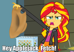 Size: 1016x720 | Tagged: safe, applejack, sunset shimmer, equestria girls, g4, applejack's hat, caption, exploitable meme, female, hat, meme, solo, sunset is disgusted, this will end in pain, this will end in tears