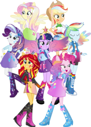 Size: 3000x4172 | Tagged: safe, artist:theshadowstone, applejack, fluttershy, pinkie pie, rainbow dash, rarity, sunset shimmer, twilight sparkle, human, equestria girls, g4, my little pony equestria girls: rainbow rocks, alternative cutie mark placement, boots, clothes, colored wings, facial cutie mark, gradient wings, humane five, humane seven, humane six, multicolored wings, ponied up, rainbow power, rainbow wings, shoes, simple background, sleeveless, sparkly wings, tank top, transparent background, wings
