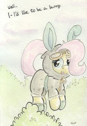 Size: 690x1004 | Tagged: safe, artist:slightlyshade, fluttershy, pegasus, pony, g4, bunny ears, clothes, dangerous mission outfit, female, goggles, hoodie, mare, solo, traditional art
