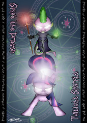 Size: 1024x1446 | Tagged: safe, artist:loreto-arts, spike, twilight sparkle, g4, badass, clothes, costume, epic, glowing eyes, smiling, staff