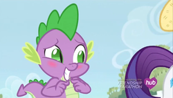 Size: 610x347 | Tagged: safe, screencap, rarity, spike, dragon, pony, g4, simple ways, blushing, male, out of context