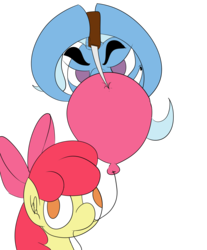 Size: 4961x6000 | Tagged: safe, artist:olympic tea bagger, apple bloom, trixie, g4, absurd resolution, antagonist, balloon, balloon popping, derp, ehchh, evil, horrible, le wiggly pony man, party balloon, pop, popping, pure unfiltered evil, tgp