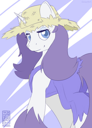 Size: 504x701 | Tagged: safe, artist:skyheavens, rarity, pony, unicorn, g4, simple ways, abstract background, clothes, farmfilly, female, hat, looking at you, mare, overalls, rarihick, smiling, smiling at you, solo, straw hat, tail, tail hole, turned head
