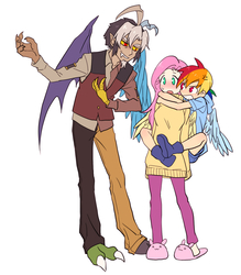 Size: 958x1096 | Tagged: safe, artist:re_ghotion, discord, fluttershy, rainbow dash, human, g4, blushing, clothes, female, humanized, lesbian, lesbian in front of boys, light skin, male, moderate dark skin, ship:flutterdash, shipping, slippers, sweater, sweatershy