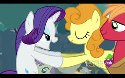 Size: 1680x1050 | Tagged: safe, screencap, big macintosh, carrot top, golden harvest, rarity, earth pony, pony, g4, simple ways, hub logo, lidded eyes, male, out of context, stallion