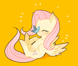 Size: 950x800 | Tagged: safe, artist:usagimochi, fluttershy, butterfly, pegasus, pony, g4, blushing, butterfly on nose, cute, eyes closed, female, insect on nose, mare, pixiv, shyabetes, simple background, solo, spread wings, wings, yellow background
