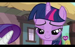 Size: 1680x1050 | Tagged: safe, screencap, rarity, twilight sparkle, alicorn, pony, g4, simple ways, female, hub logo, lidded eyes, mare, twilight sparkle (alicorn)