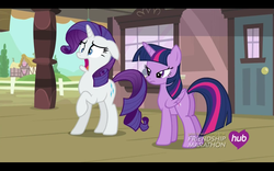 Size: 1680x1050 | Tagged: safe, screencap, rarity, twilight sparkle, alicorn, pony, g4, simple ways, female, hub logo, mare, shock, train station, twilight sparkle (alicorn)