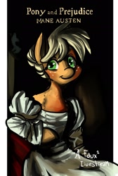 Size: 1280x1904 | Tagged: safe, artist:fauxsquared, applejack, earth pony, anthro, tumblr:it's always sunny in canterlot, g4, clothes, dress, female, literary parody, parody, pride and prejudice, solo