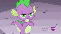 Size: 576x324 | Tagged: safe, screencap, spike, dragon, g4, simple ways, animated, aside glance, fourth wall, hub logo, hubble, looking at you, male, raised eyebrow, reaction image, solo, the hub