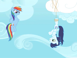 Size: 1024x776 | Tagged: safe, artist:rulette, rainbow dash, soarin', pegasus, pony, g4, backwards cutie mark, bondage, crossed hooves, duo, eye contact, female, flying, frown, glare, hanging, male, mare, pie, rope, ship:soarindash, shipping, stallion, straight, tied up, upside down