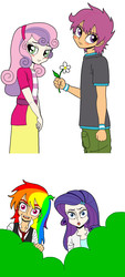 Size: 902x2000 | Tagged: safe, artist:asdf314159265, rainbow dash, rarity, scootaloo, sweetie belle, human, g4, female, humanized, lesbian, light skin, ship:scootabelle, shipping