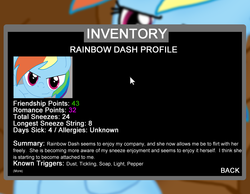 Size: 900x700 | Tagged: safe, artist:sie, rainbow dash, g4, concept art, game, gameplay, inventory, profile, sneezing in equestria