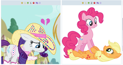 Size: 518x275 | Tagged: safe, applejack, pinkie pie, rarity, derpibooru, g4, my little pony: friendship is magic, simple ways, exploitable meme, juxtaposition, juxtaposition win, meme, meta, rhinestone rarihick