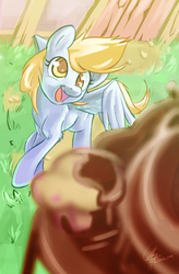 Size: 1600x2432 | Tagged: safe, artist:chingilin, derpy hooves, pegasus, pony, g4, chocolate fountain, female, food, fountain, mare, muffin, scene interpretation, solo