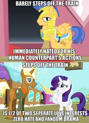 Size: 627x873 | Tagged: safe, screencap, flash sentry, rarity, trenderhoof, pegasus, pony, unicorn, g4, simple ways, female, image macro, male, mare, op has a point, stallion