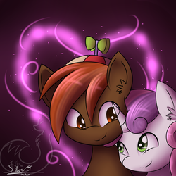 Size: 2000x2000 | Tagged: safe, artist:silverfox057, button mash, sweetie belle, earth pony, unicorn, g4, colt, female, filly, foal, hat, horn, looking at each other, looking at someone, male, propeller hat, ship:sweetiemash, shipping, straight