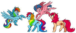 Size: 1782x783 | Tagged: safe, artist:xenon, firefly, patch (g1), rainbow dash, rainbow dash (g3), earth pony, pegasus, pony, g1, g3, g4, my little pony tales, butt, flying, group, plot, quartet, simple background, white background