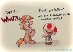 Size: 832x596 | Tagged: safe, artist:nicolethebluepony, button mash, g4, colt, crossover, dialogue, foal, in another castle, male, nintendo, parody, super mario bros., toad (mario bros), traditional art