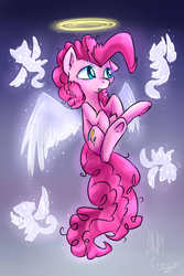 Size: 1280x1920 | Tagged: safe, artist:suplolnope, pinkie pie, angel, cat, g4, artificial wings, augmented, female, flying, halo, magic, magic wings, solo, underhoof, wings