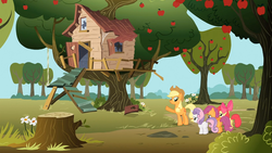 Size: 1366x768 | Tagged: safe, screencap, apple bloom, applejack, scootaloo, sweetie belle, pony, g4, the show stoppers, cutie mark crusaders