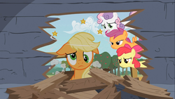 Size: 1366x768 | Tagged: safe, screencap, apple bloom, applejack, scootaloo, sweetie belle, g4, the show stoppers, circling stars, cutie mark crusaders, derp, dizzy