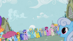Size: 1366x768 | Tagged: safe, screencap, berry punch, berryshine, carrot top, cloud kicker, daisy, derpy hooves, flower wishes, golden harvest, lemon hearts, lightning bolt, linky, minuette, sassaflash, scootaloo, sea swirl, seafoam, shoeshine, twinkleshine, white lightning, earth pony, pegasus, pony, unicorn, g4, the show stoppers, background pony, bag, female, filly, mare, raised hoof, saddle bag, spread wings, wings